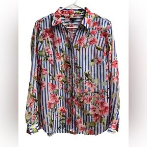 Talbots Sheer Floral Stripe Blouse Medium Button Front Lightweight Top